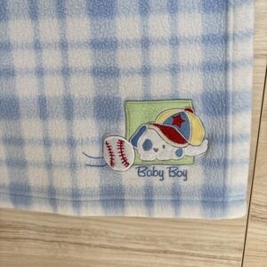 Baby Connection Boy Baseball Puppy Blue Plaid Cotton Baby Blanket 39" X 28"